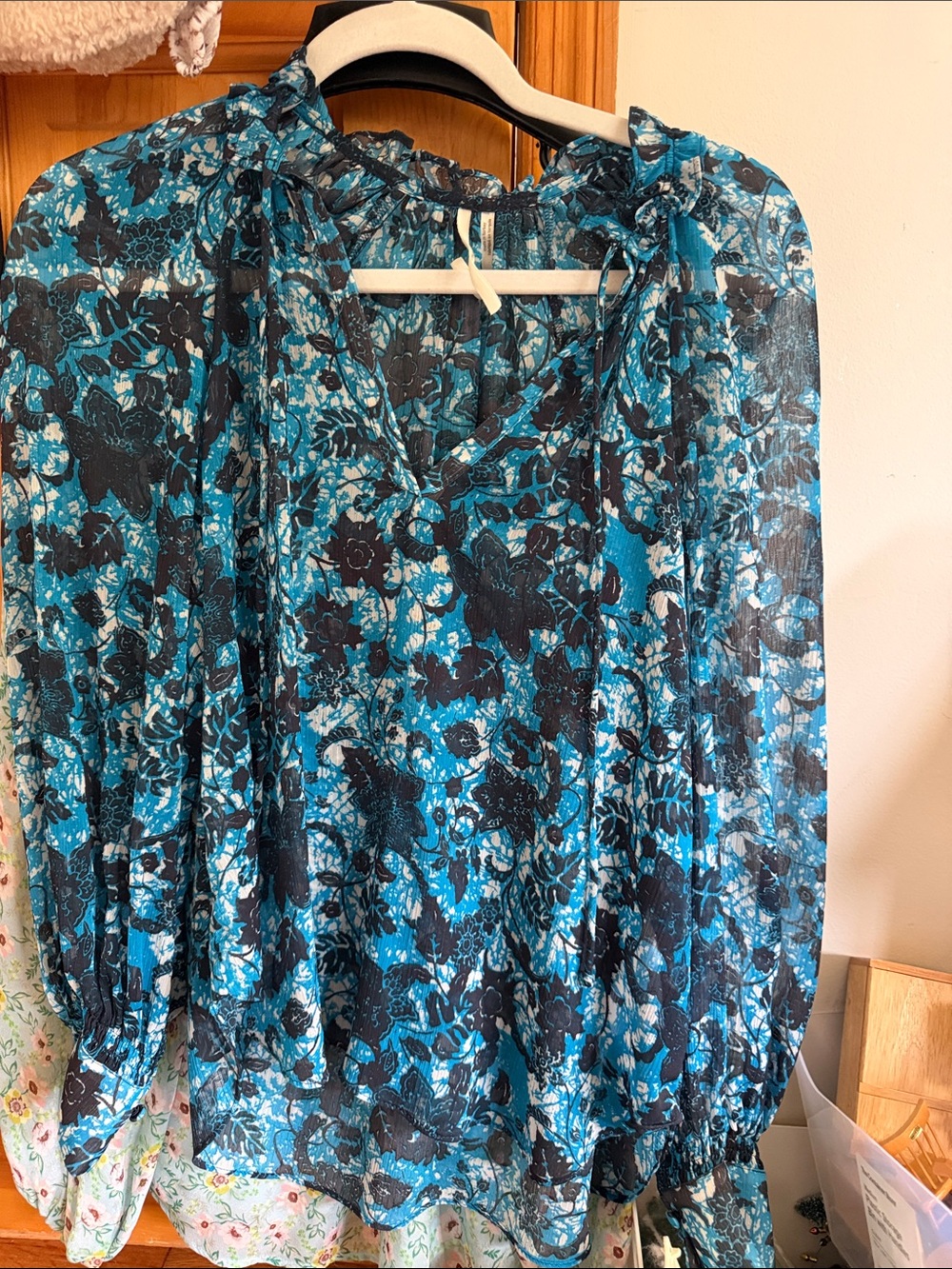 Anthropologie Teal and Black Floral Sheer Tie-Neck Blouse